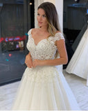 V-neck Wide Straps A-Line Wedding Dress With Pearl Tulle Appliques Lace BM bride