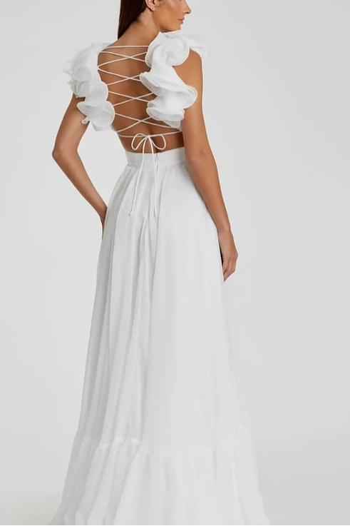 Straps V Neck Sleeveless Backless Long Prom Dress With Pleated