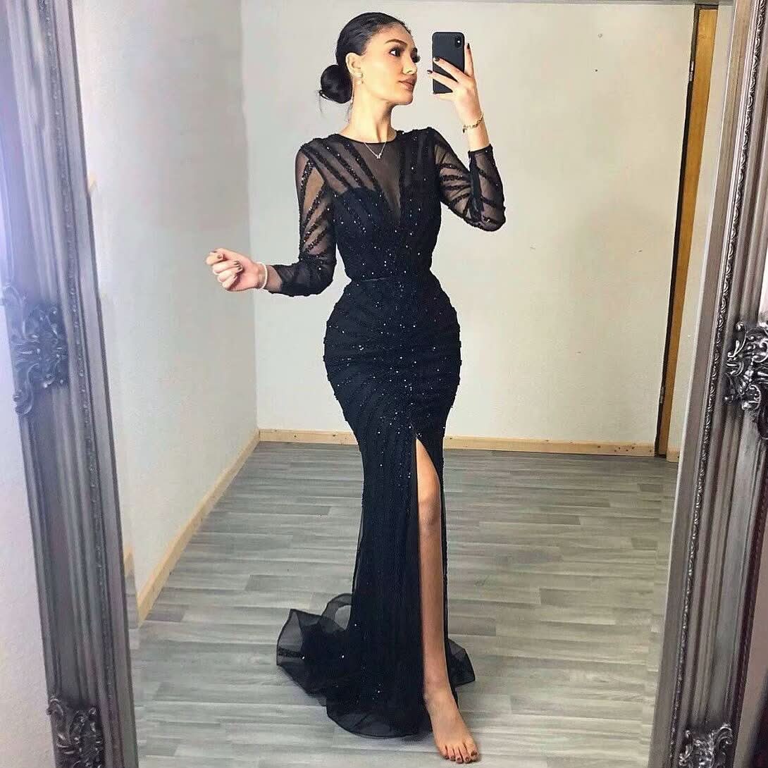 Sexy Black Sequin Prom Dress, Long Sleeve V-Neck High Slit Mermaid BM bride