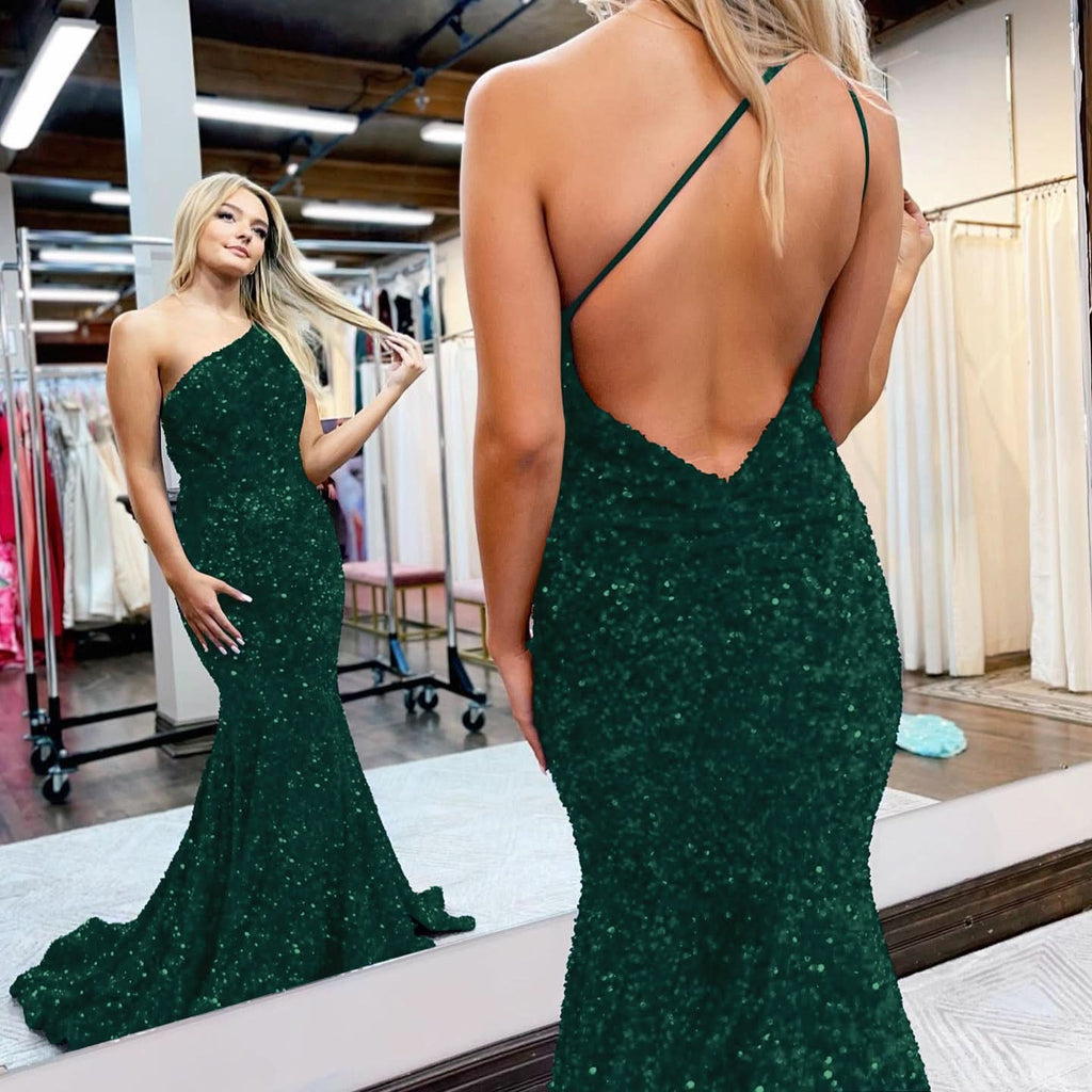 Royal Blue One-Shoulder Sequined Mermaid Prom Dress BM bride