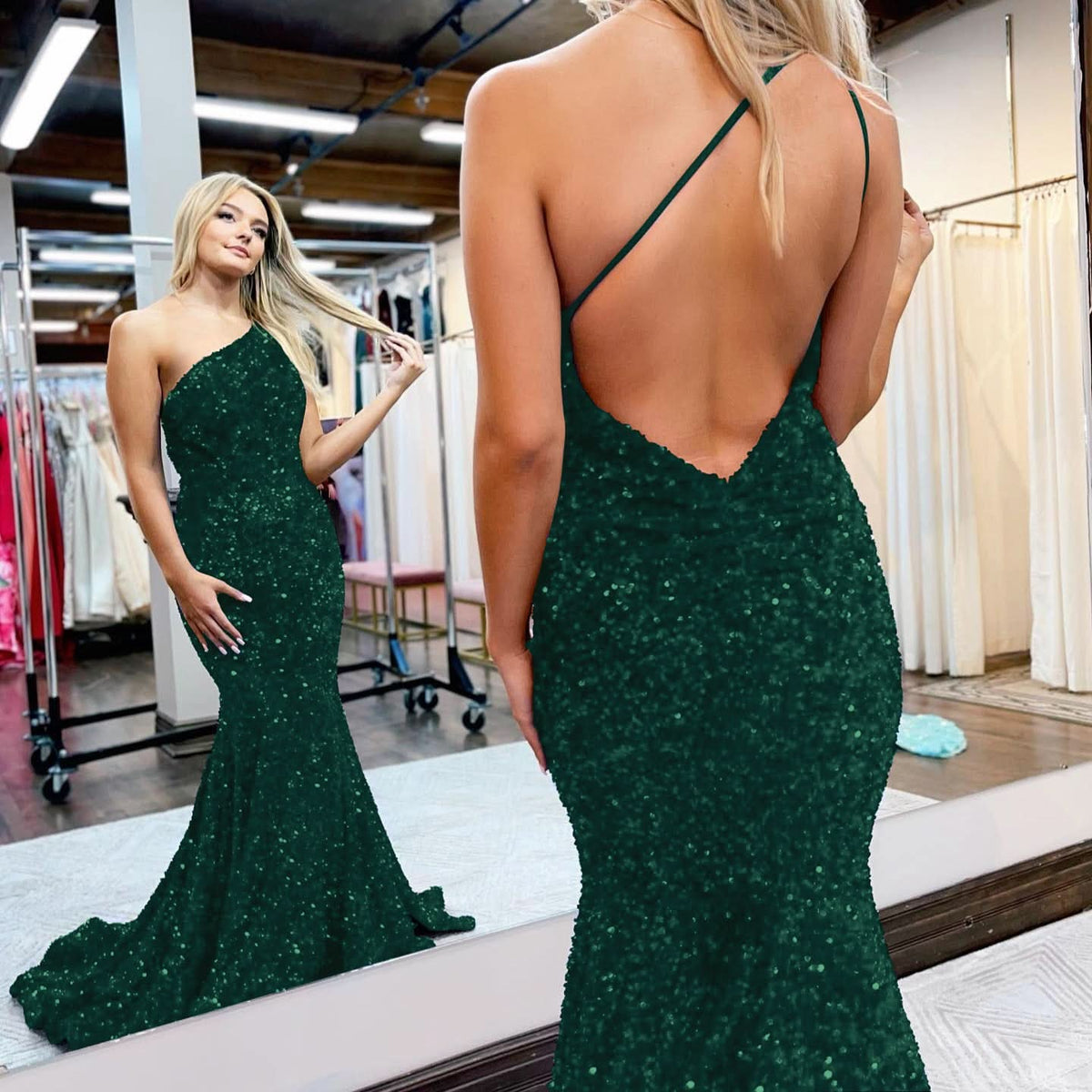 Royal Blue One-Shoulder Sequined Mermaid Prom Dress BM bride