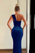 One Shoulder Sleeveless Pleated Mermaid Long Prom Dress With Split