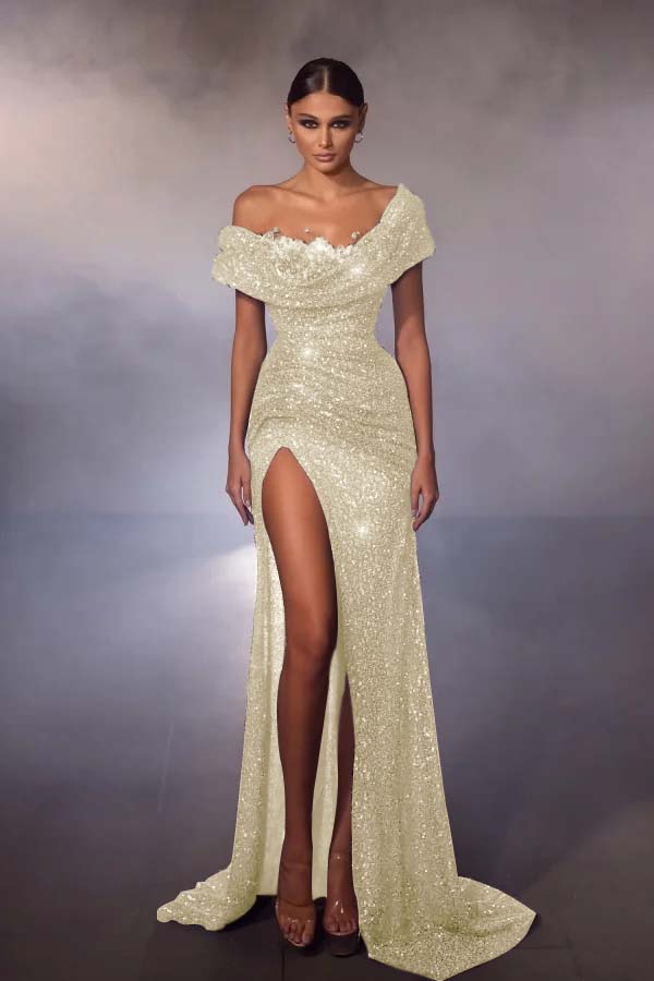Off the Shoulder Sleeveless Long Split Prom Dress With Beading