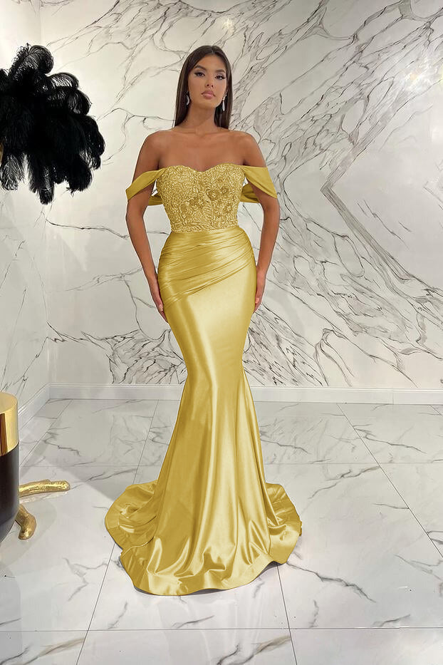 Gorgeous Off the Shoulder Mermaid Sequins Prom Dress With Beading Pleated BMBRIDE
