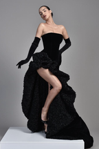 Black Samt Half Sleeves Off-the-Shoulder Evening Dress with High Slit BM bride