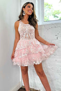 Sparkly Pink Tiered Lace One Shoulder Short Homecoming Dress