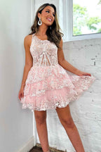 Sparkly One Shoulder Light Blue Corset Tiered Short Homecoming Dress