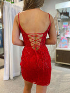 Keira |Short Red Sheath Lace Homecoming Dress BM bride
