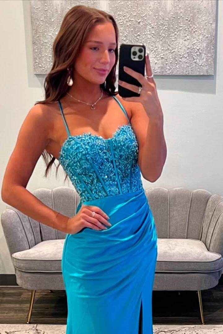 Spaghetti Strap Sleeveless Long Mermaid Prom Dress With Appliques