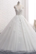 Sleeveless Tulle Train Long Wedding Dress With Appliques Lace BM bride