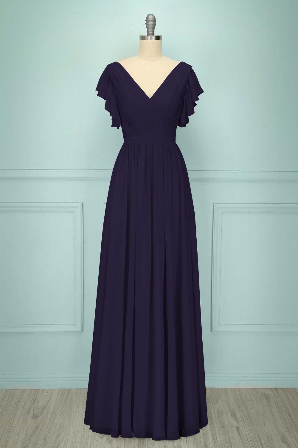 Chiffon V Neck Sleeveless Long Prom Dress With Pleated Ruffle