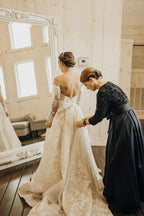 Off-the-Shoulder Long Sleeve A-Line Wedding Dress with Bow and Lace BM bride
