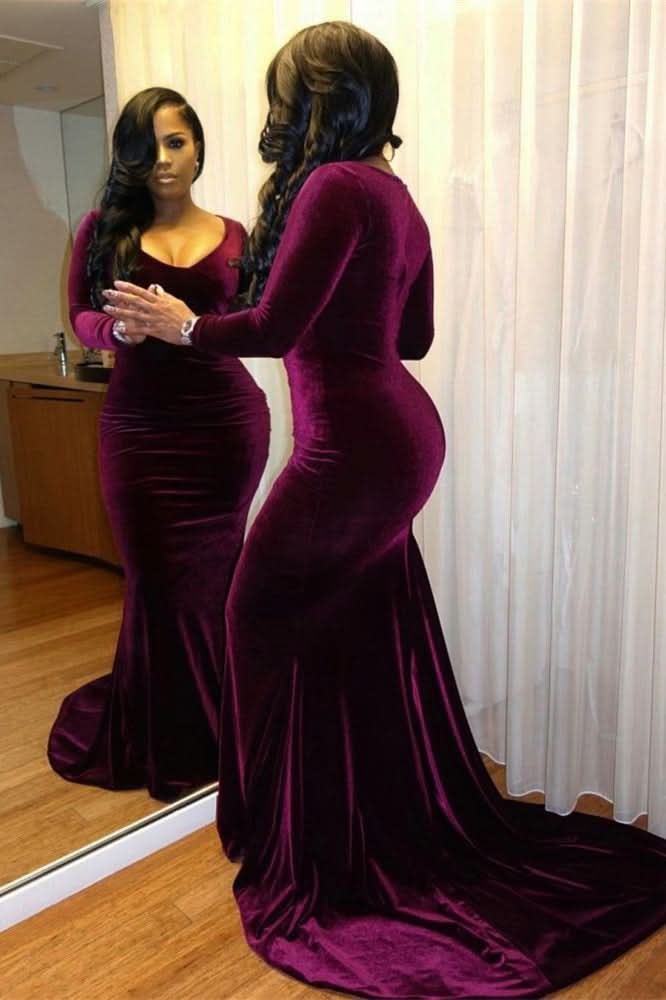 Purple Long Sleeves Mermaid Evening Prom Dress BM bride