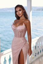 Stunning Pink One Shoulder Mermaid Prom Dress with Sequins Split BM bride