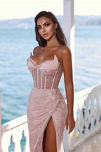 Glamorous Pink One Shoulder Mermaid Prom Dress Split With Sequins