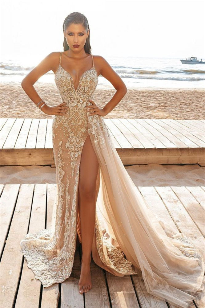 Nude Spaghetti Strap Mermaid Wedding Dress with Beaded Split BM bride