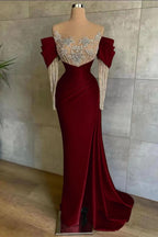 Pink Off-The-Shoulder Front Split Mermaid Prom Dress with Beadings and Appliques BM bride