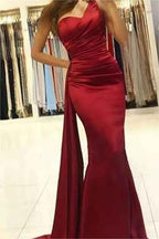 Wine Red Sleeveless Mermaid One Shoulder Pleated Prom Dress With Ruffles