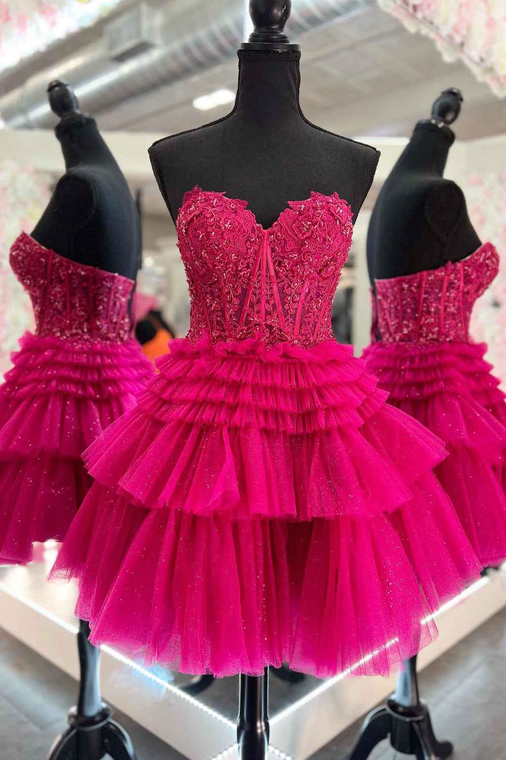 Sparkly Pink Corset Tiered Short A-Line Tulle Homecoming Dress with Lace Bmbride