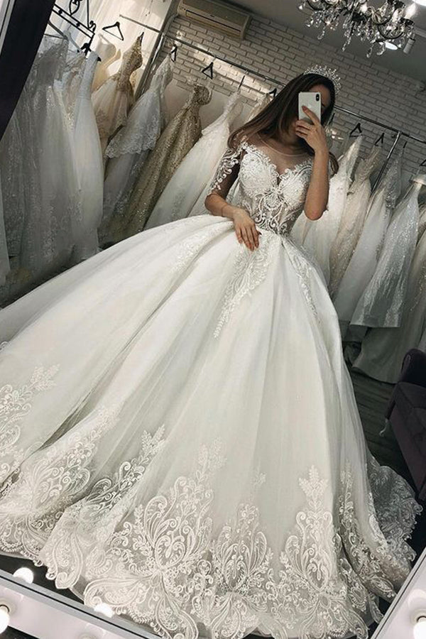 Short Sleeve Appliques Sheer Tulle Ball Gown Wedding Dress with Delicate Appeal BM bride