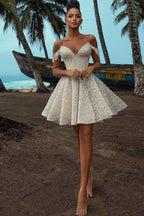 Short A-Line Off-the-Shoulder Wedding Dress with Lace BM bride