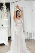 Deep V-neck A-Line Wedding Dress Floor-length With Backless Design Lace Appliques Tulle BM bride