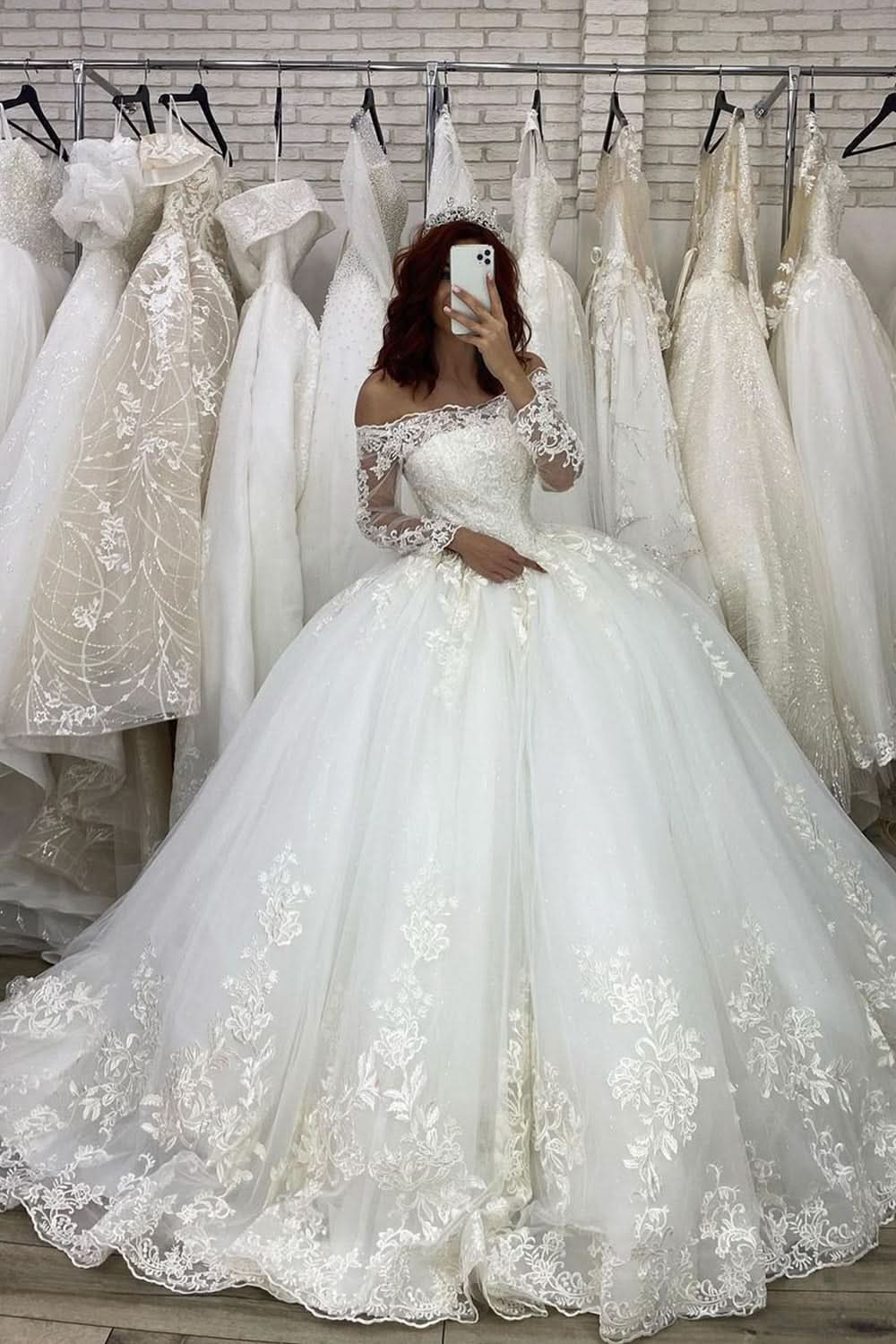Off-the-Shoulder Long Sleeve Illusion Ball Gown Wedding Dress with Appliques BM bride