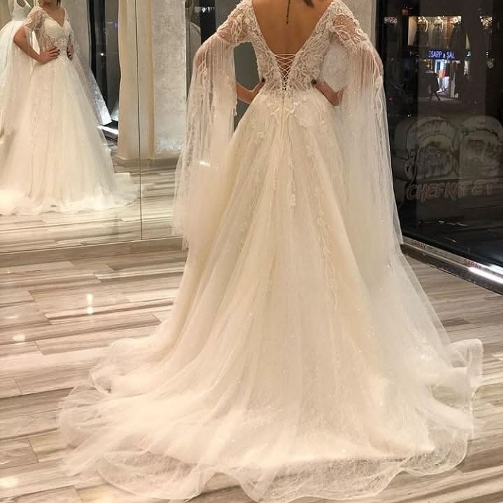 A-Line Deep V-Neck Short Sleeve Backless Floor-Length Wedding Dress with Pearl Lace Appliques BM bride