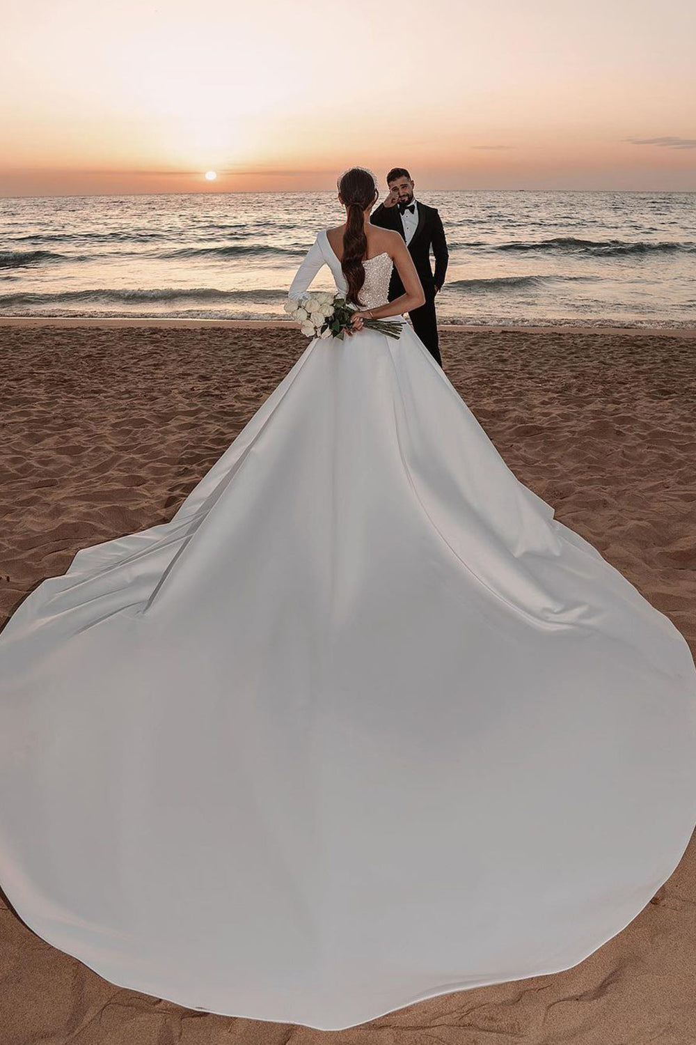 Charming One-Shoulder Long Sleeve A-Line Wedding Dress with Sequins BM bride