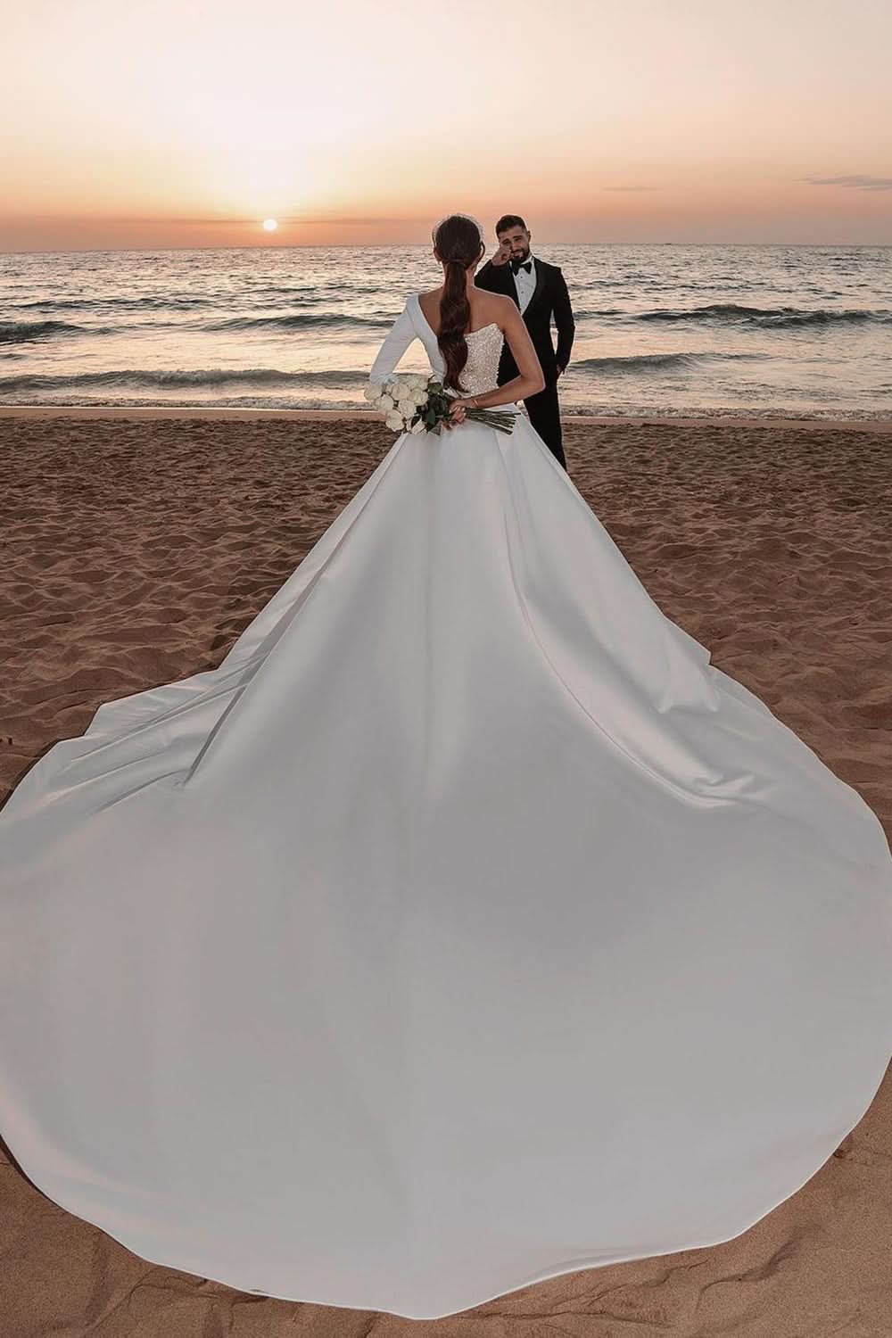 Charming One-Shoulder Long Sleeve A-Line Wedding Dress with Sequins BM bride