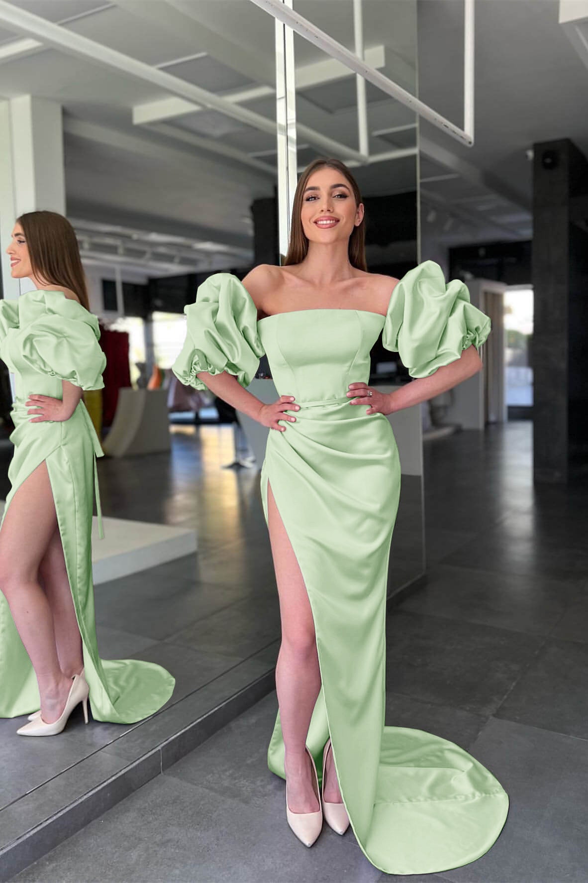 Pink Strapless Mermaid Prom Dress with Long Split and Detachable Sleeves BM bride