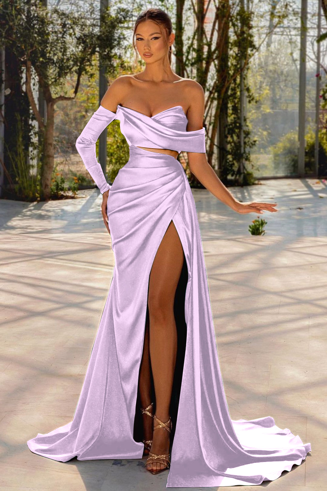 Long Off the Shoulder Prom Dress Dark Green One Sleeve Pleated BMBRIDE