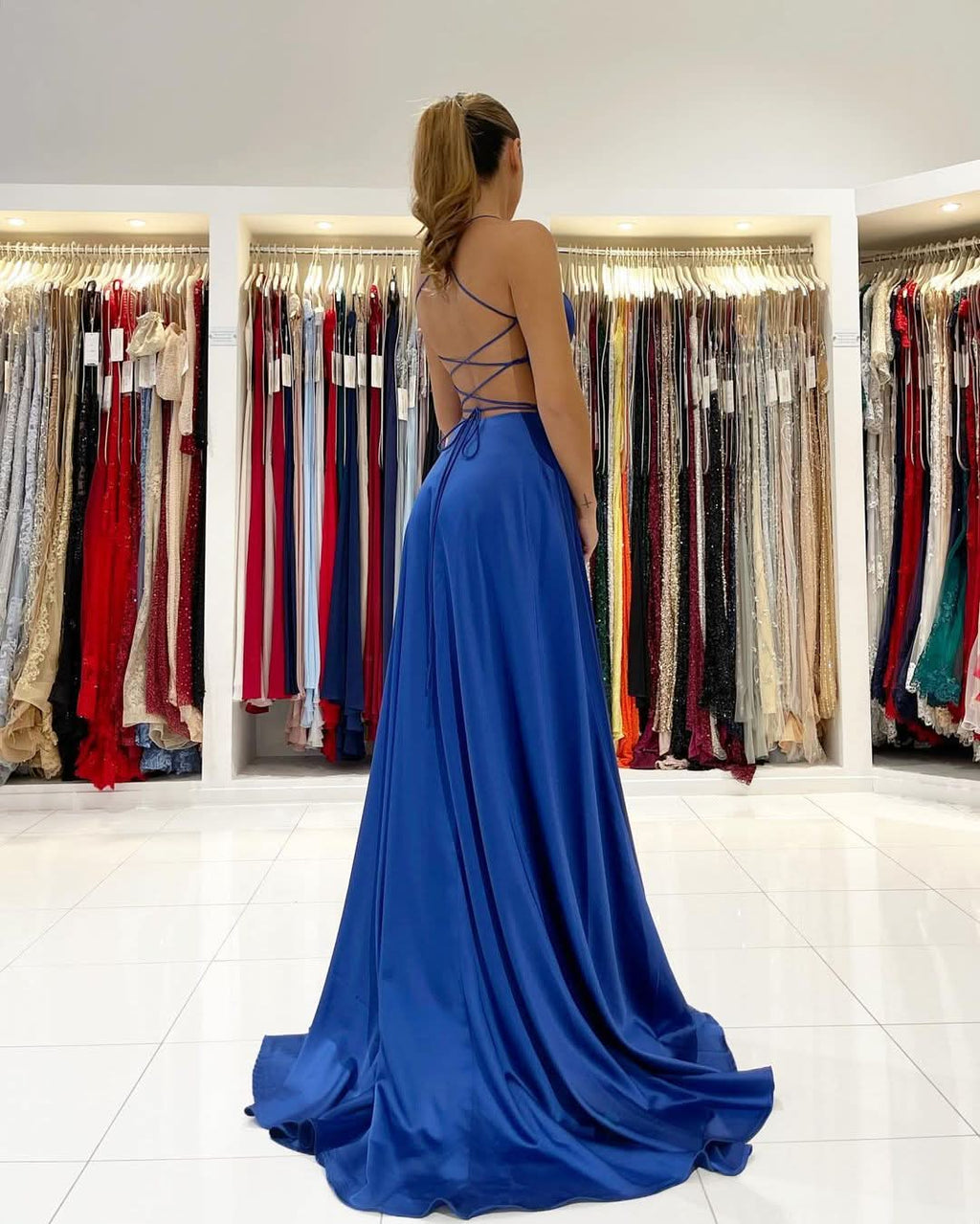 Royal Blue Spaghetti Strap V-Neck Prom Dress with Slit BM bride