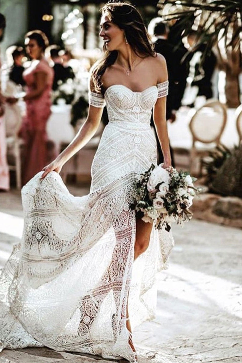 Off-the-Shoulder Boho Lace Mermaid Wedding Dress BM bride