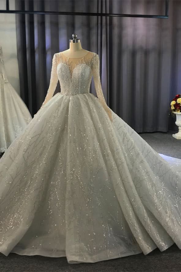 Bateau Long Sleeve Floor-Length Ball Gown Wedding Dress with Ruffles BM bride