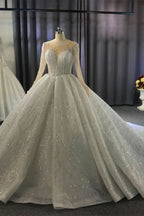 Bateau Long Sleeve Floor-Length Ball Gown Wedding Dress with Ruffles BM bride