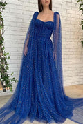 Chic Royal Blue Long Evening Dress with Ruffles, Beads, and Tulle BM bride