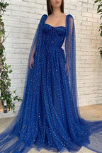 Chic Royal Blue Long Evening Dress with Ruffles, Beads, and Tulle BM bride