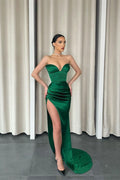 Mermaid Dark Green Sweetheart Sleeveless Pleated Long Prom Dress With Split BMBRIDE