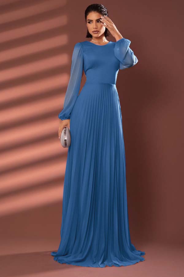 Chiffon Jewel Neck Long Sleeves Long Prom Dress With Pleated BMBRIDE