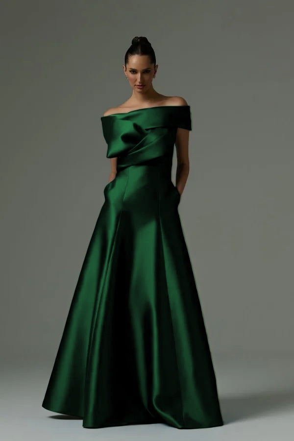 Off the Shoulder Sleeveless Long Prom Dress With Pleated Pocket