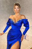 Royal Blue Long Sleeves Mermaid Evening Dress BM bride