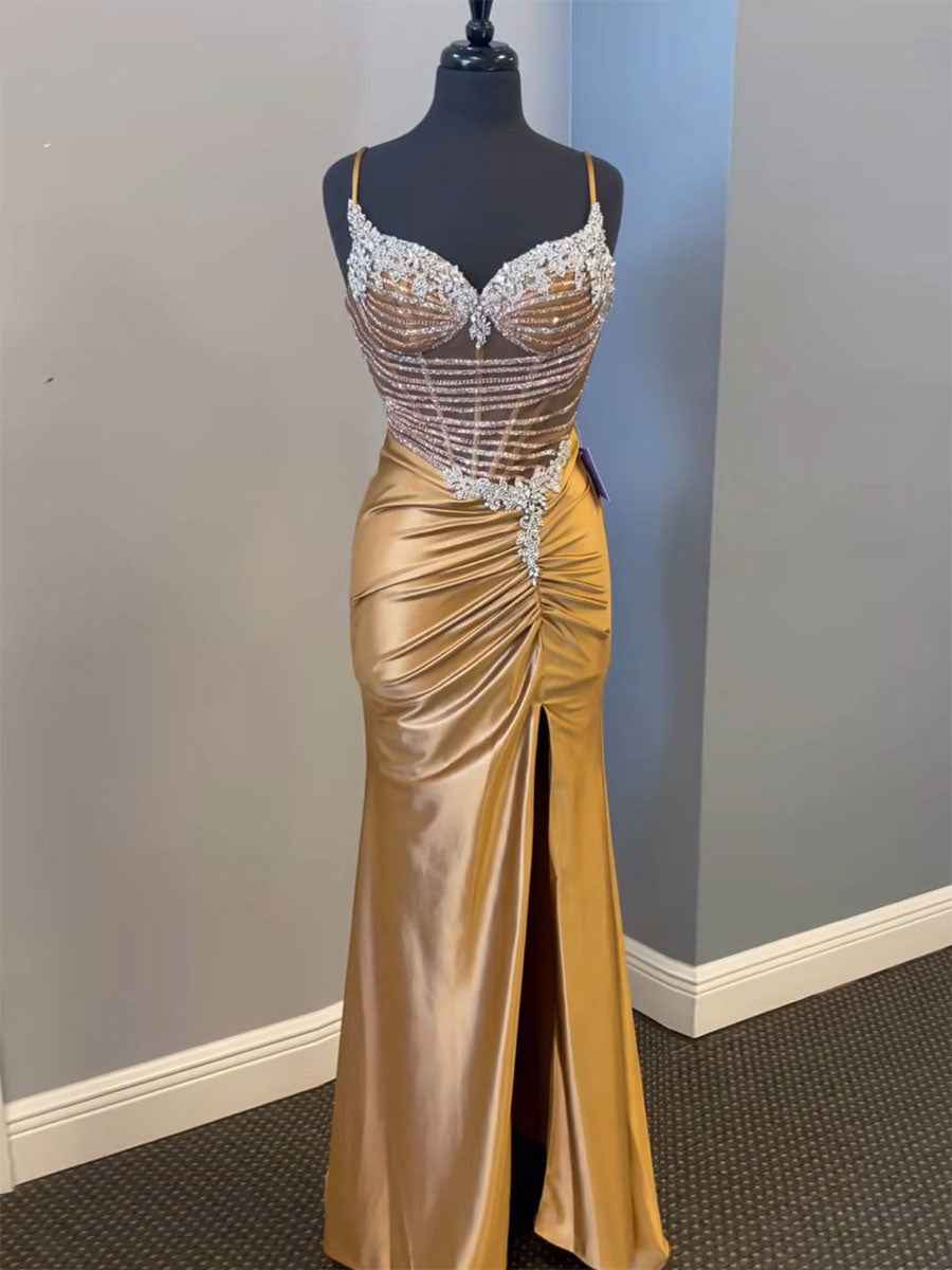Gold Plunging V-Neck Beaded Bodice Satin Prom Dress with Slit