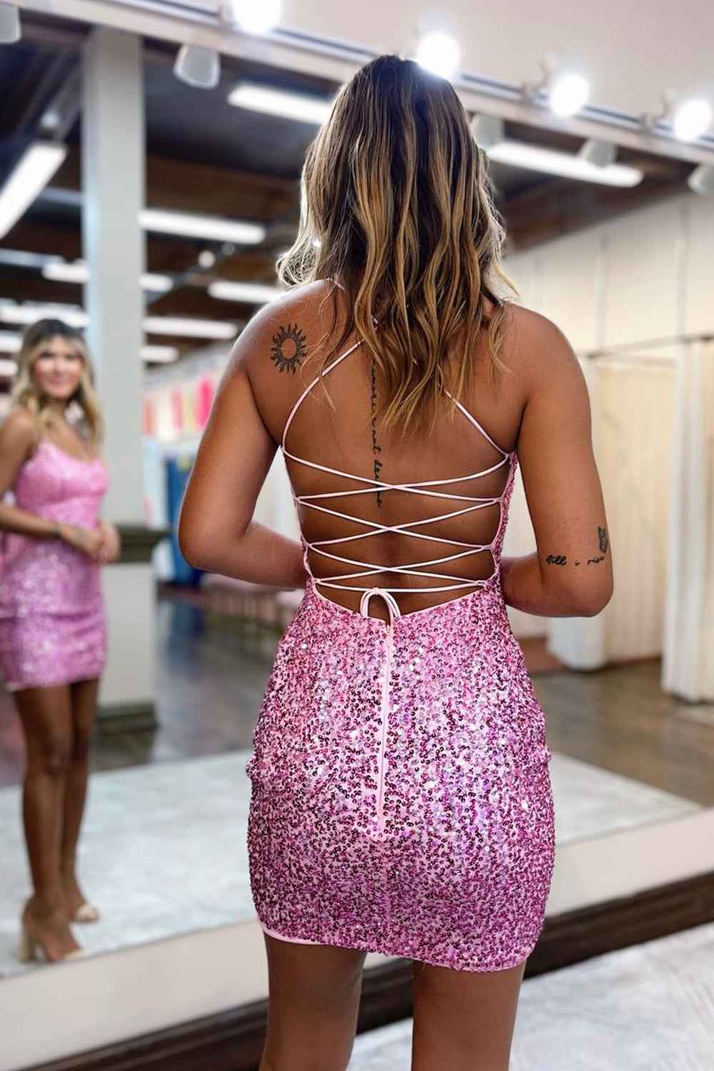 Sparkly Pink Tight Yellow Sequins Homecoming Dress Bmbride
