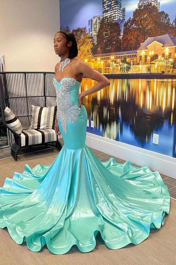 Mint Green Halter Evening Dress with Sleeveless Appliques BM bride