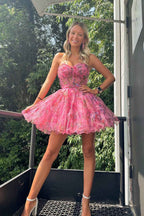 Pink Corset Sweetheart Flower A-Line Short Homecoming Dress with Ruffles Bmbride
