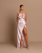 Chic Pink Sleeveless Evening Dress with Strapless Design and Side Slit Pleats BM bride
