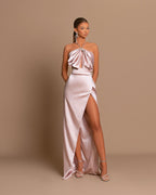 Pink Chic Evening Dress Sleeveless Strapless with Side Slit Pleats BM bride
