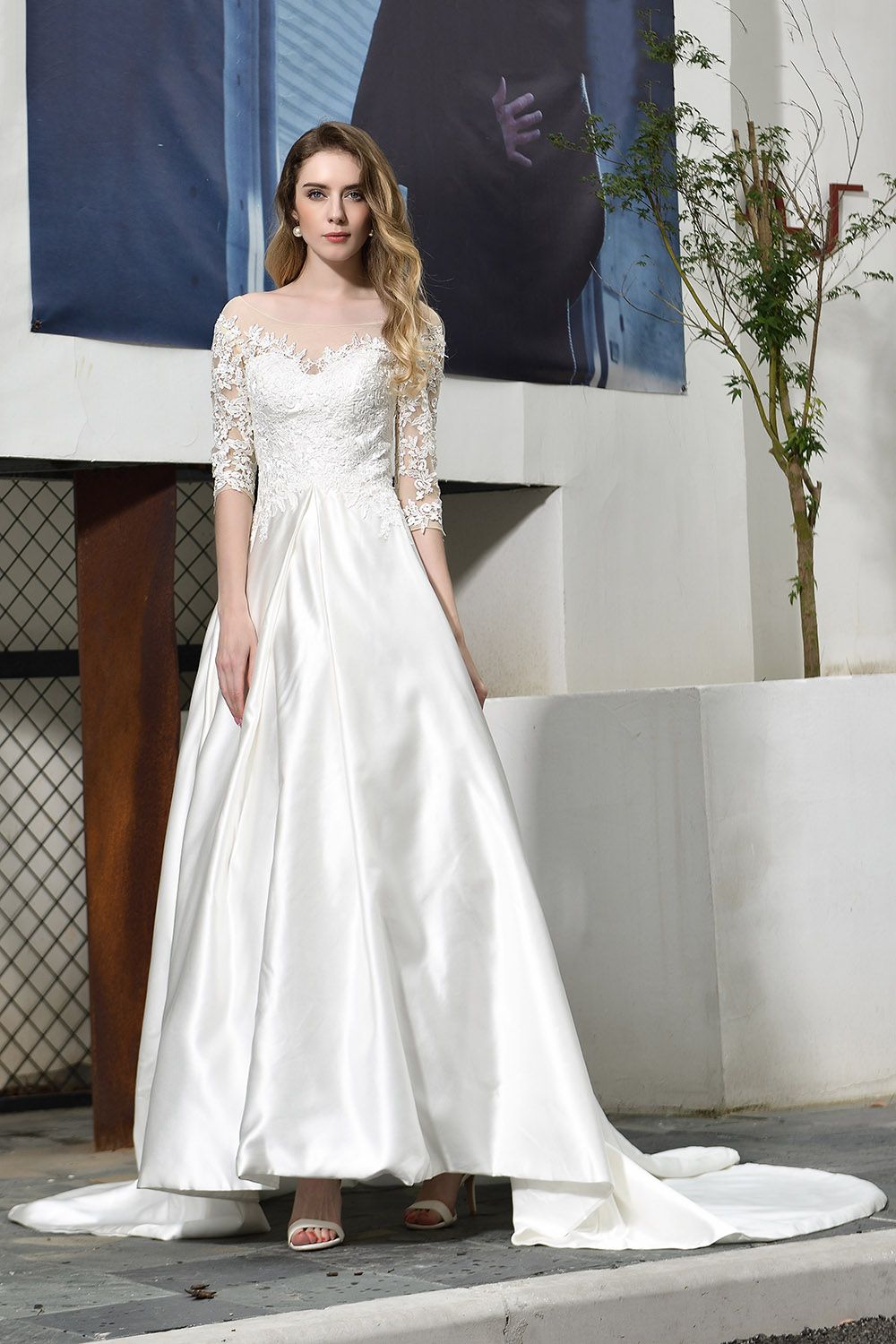 Lace-up A-Line Applique Satin Wedding Dress BMbride