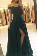 Off-the-Shoulder Dark Green Long Prom Dress with Split BM bride